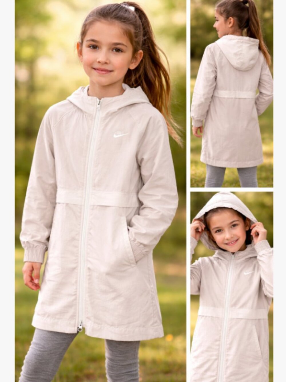 Nike Girls Hooded Jacket Beige Lightweight Parka Zip Up Coat Kids Size S